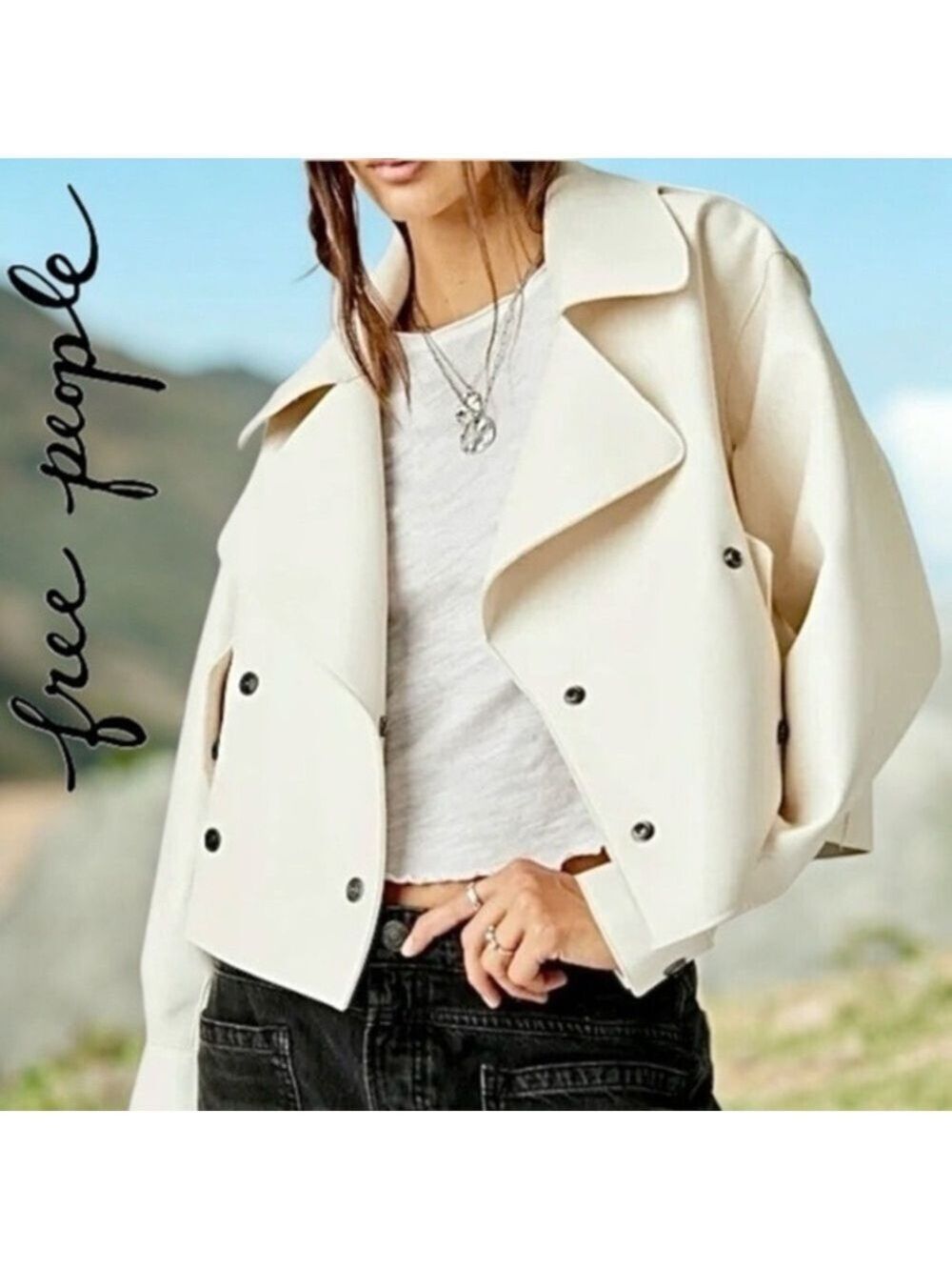 FREE PEOPLE Alexis Cream Relaxed Boxy DBL Breasted Vegan Leather Jacket/XL NWT
